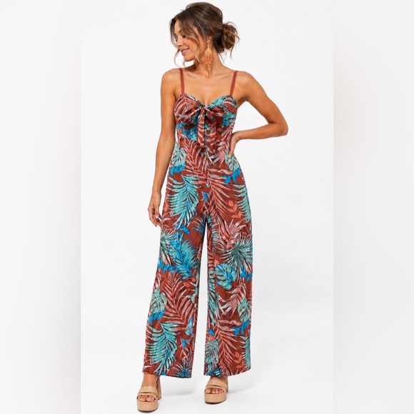 Pants - Tropical pattern rust colored sleeveless jumpsuit with pockets